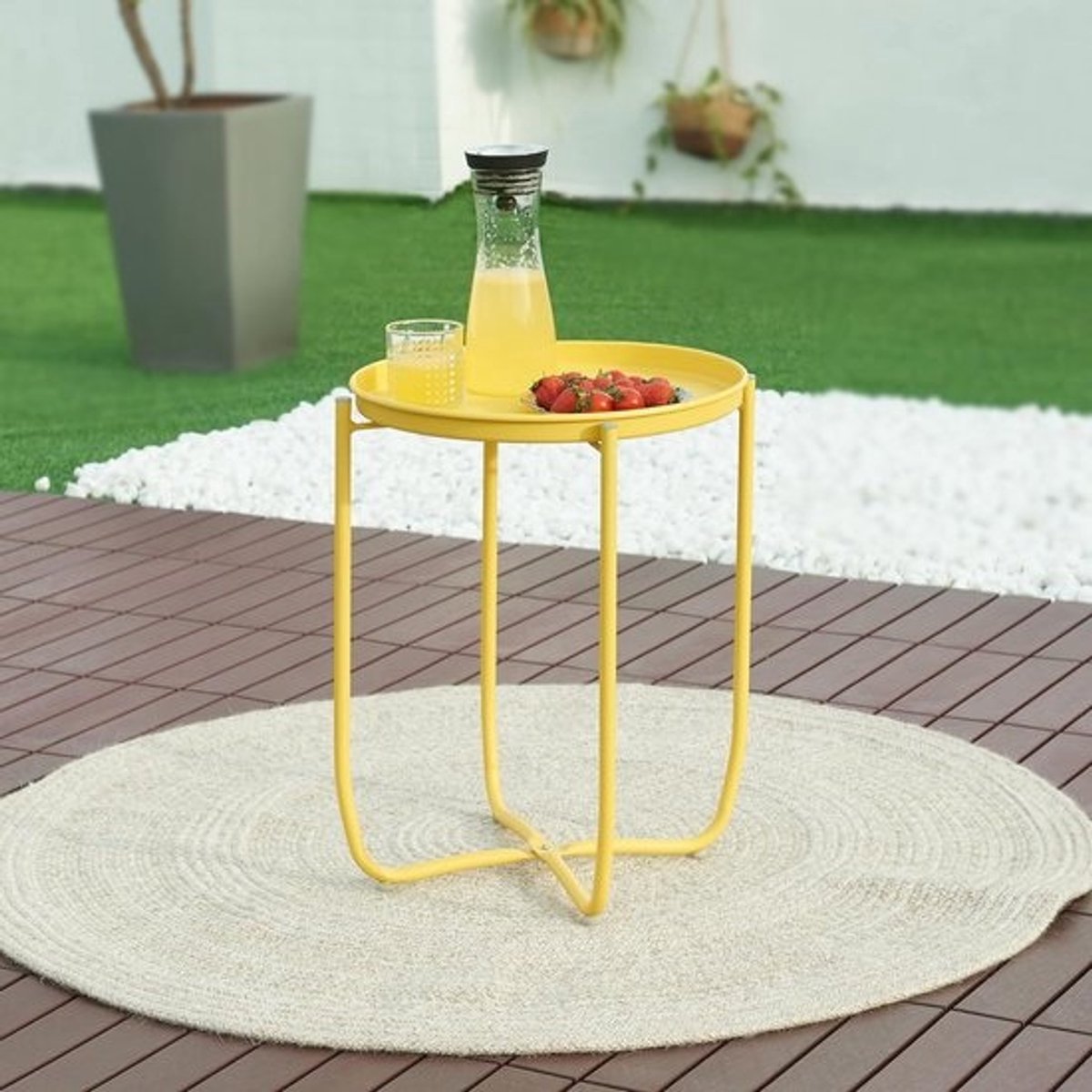 Ronde Metalen Bijzettafel Buiten met Afneembaar Dienblad - Balkon en Tuintafel Geel 53x40 cm