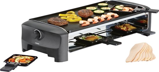 Zwarte Princess raclettegrill met gegrilde biefstuk, garnalen, courgette en paprika. Inclusief 8 pannetjes.