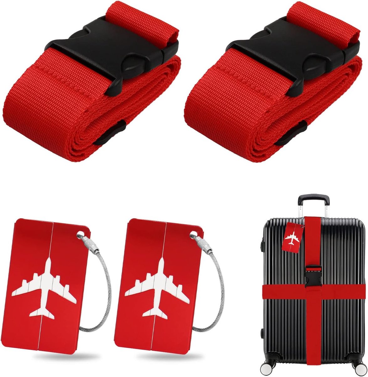 Set van 2 kofferriemen met 2 stuks bagagelabels, kofferband, riem, gepersonaliseerde identificatie voor snel herkennen, bagage, reistas, koffer (rood)