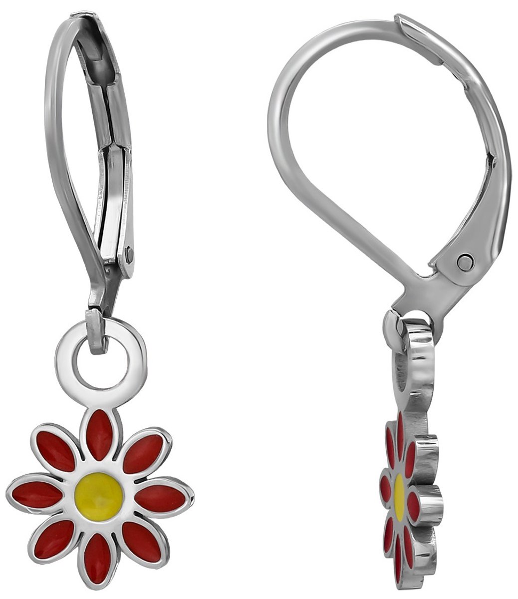 Joy|S - Bloem bedel oorbellen - Brisure sluiting - Chirurgisch staal - rood geel bloemetje - ip/pvd - madeliefje met leverback - kinderoorbellen