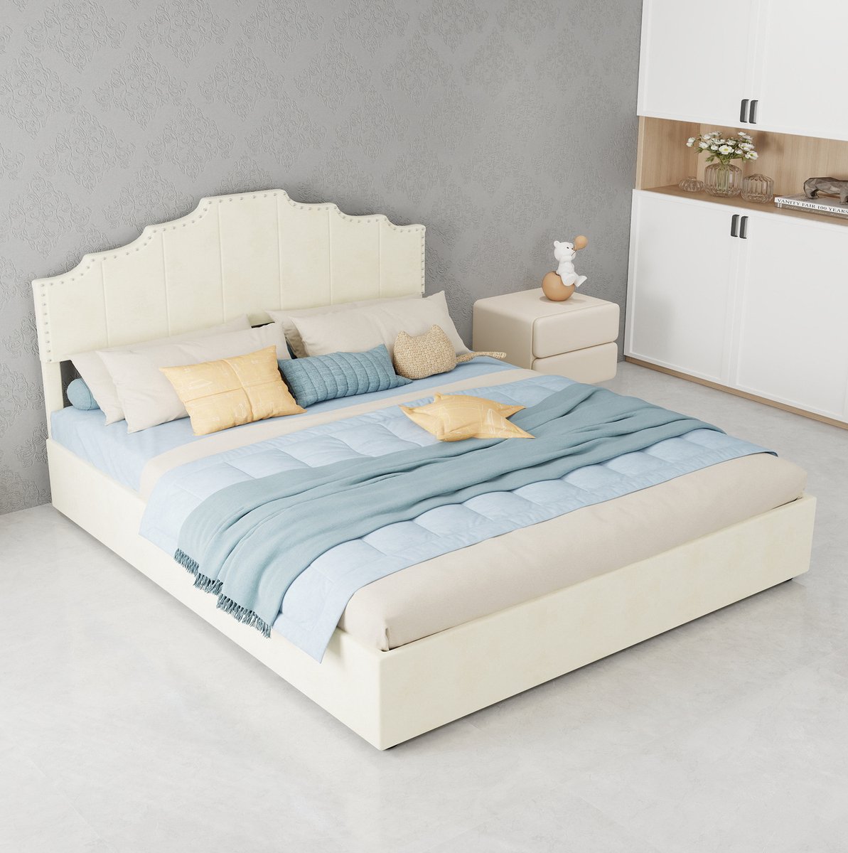 MEUNIQ Gestoffeerd tweepersoons bedframe 160 x 200 cm met opbergbak, lattenbodem en matras, beige slaapkamerbed met geometrisch hoofdbord