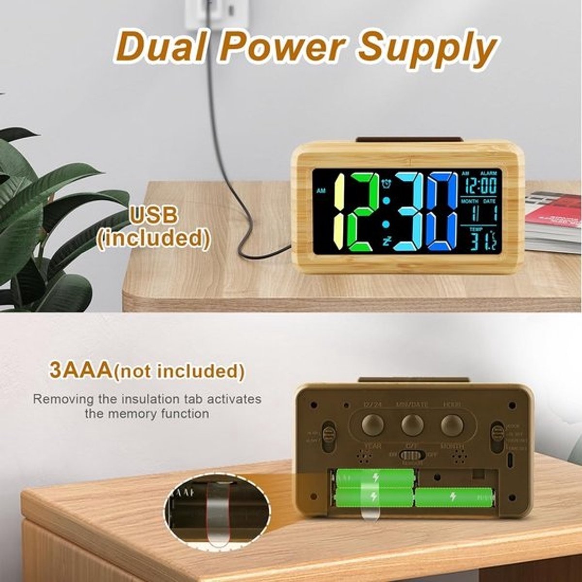 Digitale Houten Wekker met Groot LED Display, Snooze en Helderheidssensor - Stijlvol Bamboe Design