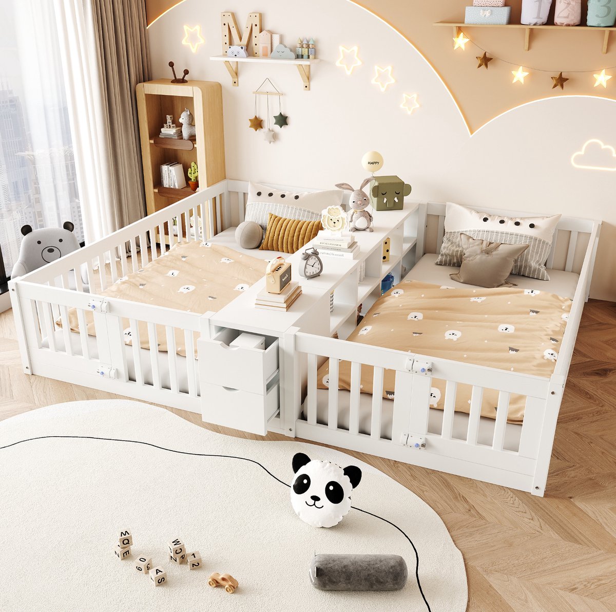 MEUNIQ Kinderbed met twee slaapplaatsen 90 x 200 cm, open dubbel opbergrek, 2 lades en hoge uitvalbeveiliging voor kinderkamer, wit