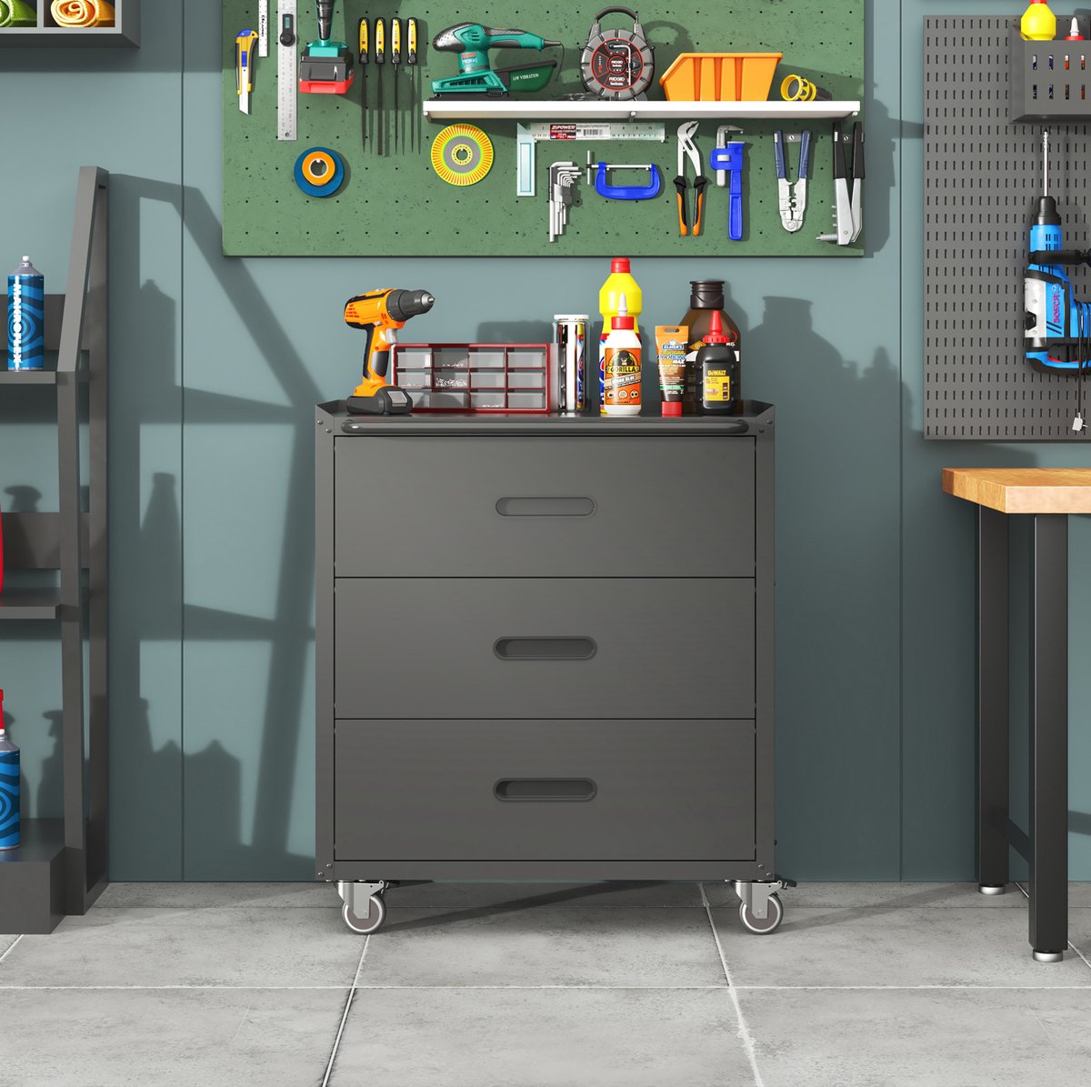 MEUNIQ Gereedschapskar met 3 laden en 360° vergrendelbare wielen, 75 x 42 x 88 cm, zwart/grijs, voor garage, werkplaats en kantoor
