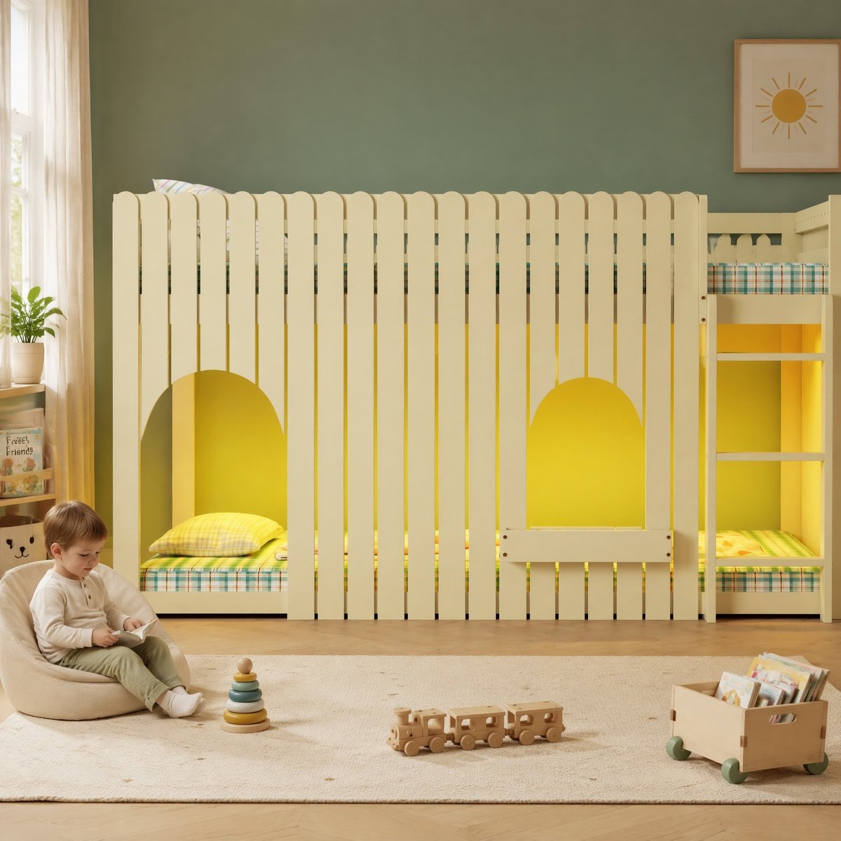 MEUNIQ Hoogslaper 90x200 cm met uitvalbeveiliging, ledverlichting, rechte trap en opbergvakken voor kinderkamer - Naturel