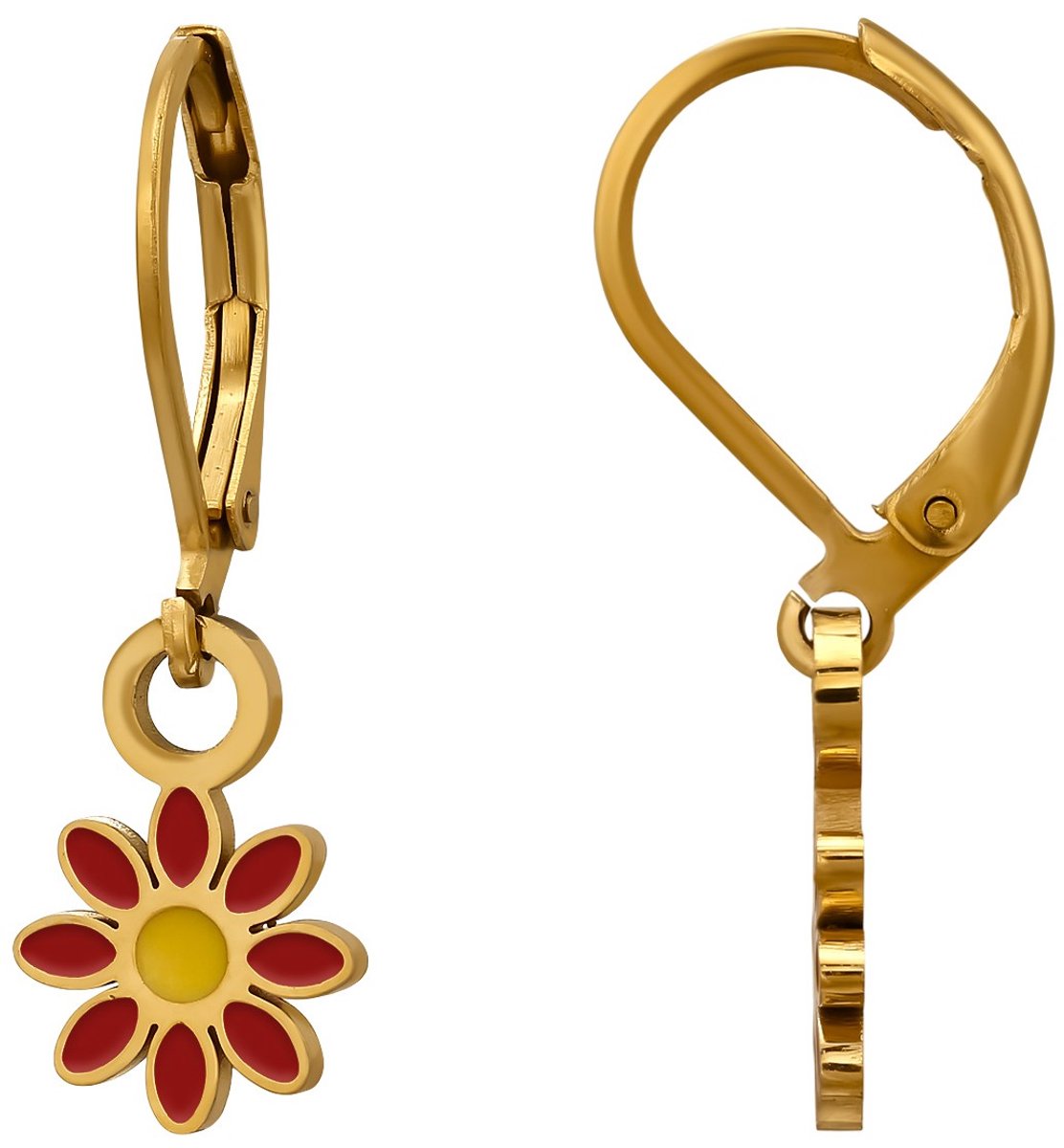 Joy|S - Bloem bedel oorbellen - Brisure sluiting - Chirurgisch staal - rood geel bloemetje - ip/pvd gold plated - madeliefje met leverback - kinderoorbellen