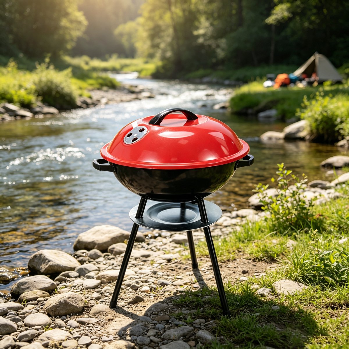 Draagbare houtskoolgrill van 35,5 cm Rode mini-tafelgrill met geëmailleerde en verchroomde onderdelen Compact en draagbaa ideaal voor kamperen picknicks en barbecues in de buitenlucht Afmetingen 36 x 52 cm