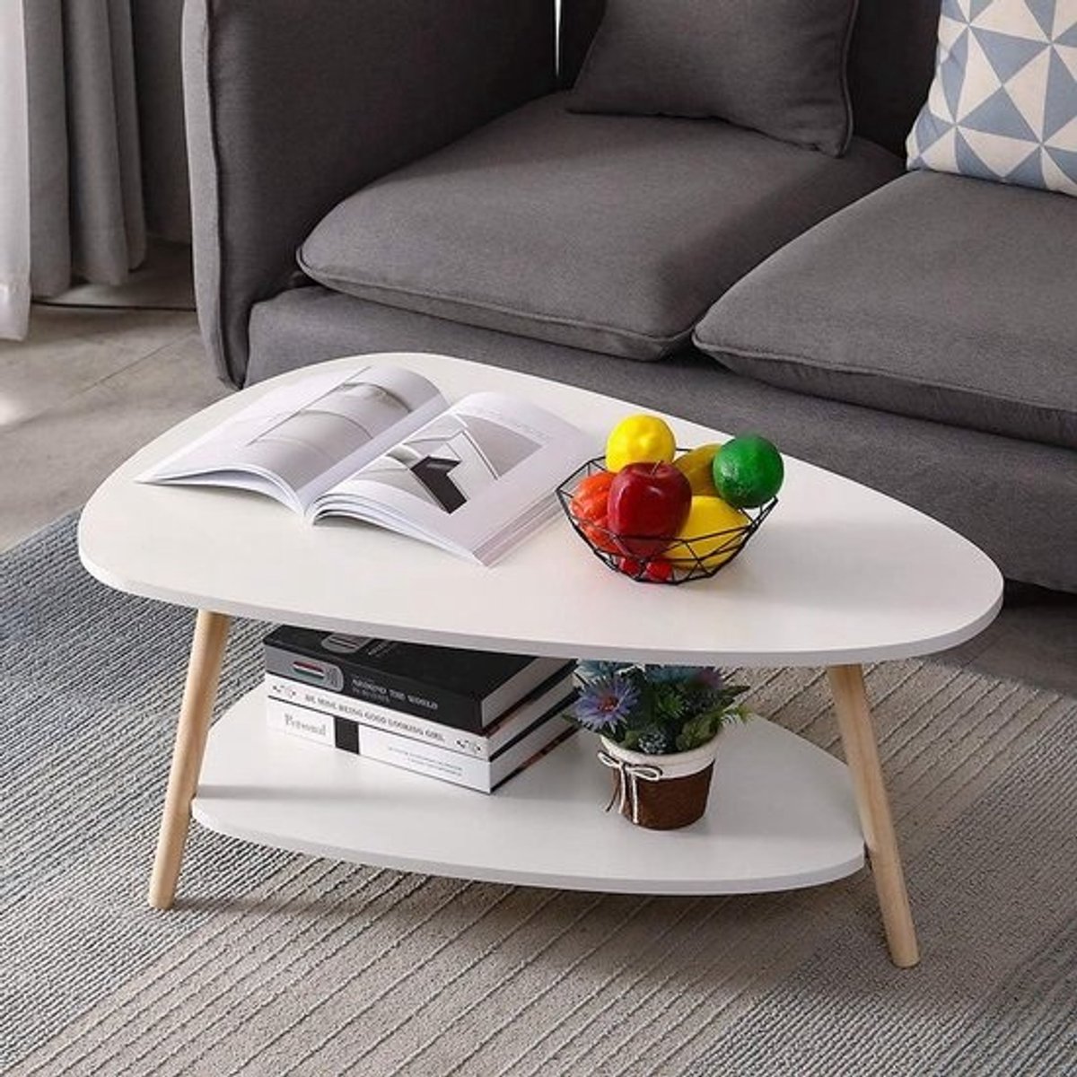 Moderne ovale salontafel - Scandinavische stijl - Woonkamertafel met plank - Houten bijzettafel - 90 x 60 x 40 cm - Wit