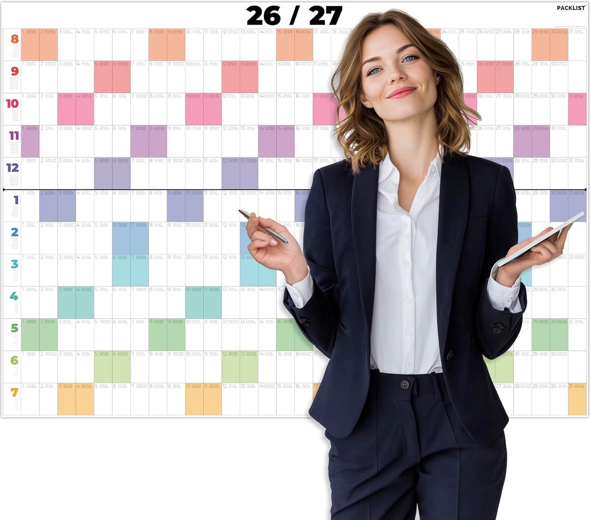 Wandkalender 2026 2027 XXL | DIN A1 (84,1 x 59,4 cm) | Aug 26 - Sep 27 | Familieplanner & Jaarkalender | Premium 160g Papier (Gevouwen)