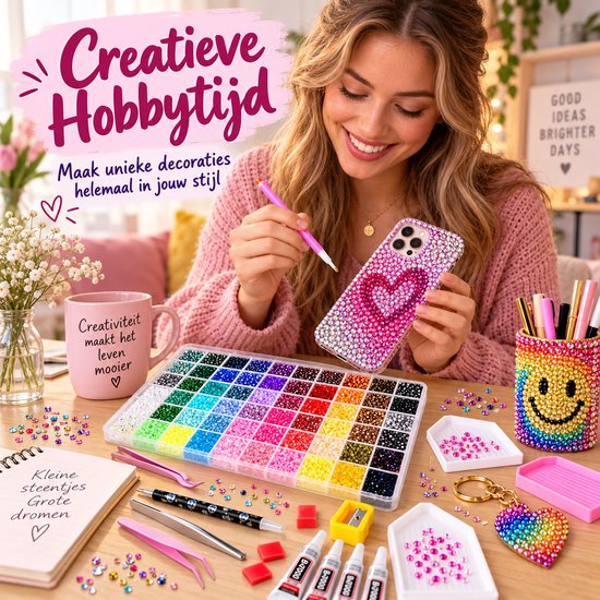 Een jonge vrouw decoreert een telefoonhoesje met strasssteentjes, omringd door de set en creatieve spullen.