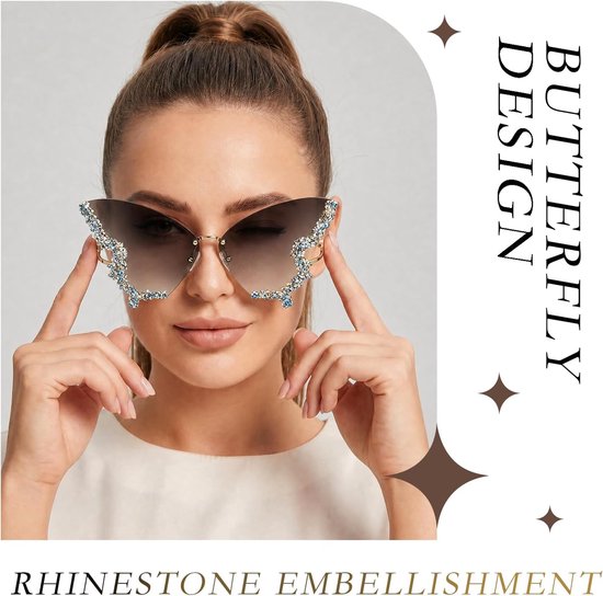 Zonnebril Dames - Randloze Vintage Modebril met Steentjes - Gradient Grijs - Inclusief Brillenzakje — afbeelding 2