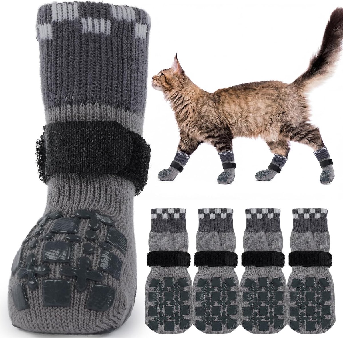 2 paar kattenpoothoezen, katoenen lange sok om te voorkomen dat pootjes likken, antislip kattenpootbeschermer, comfortabele voetafdekking (grijs, 2XS)