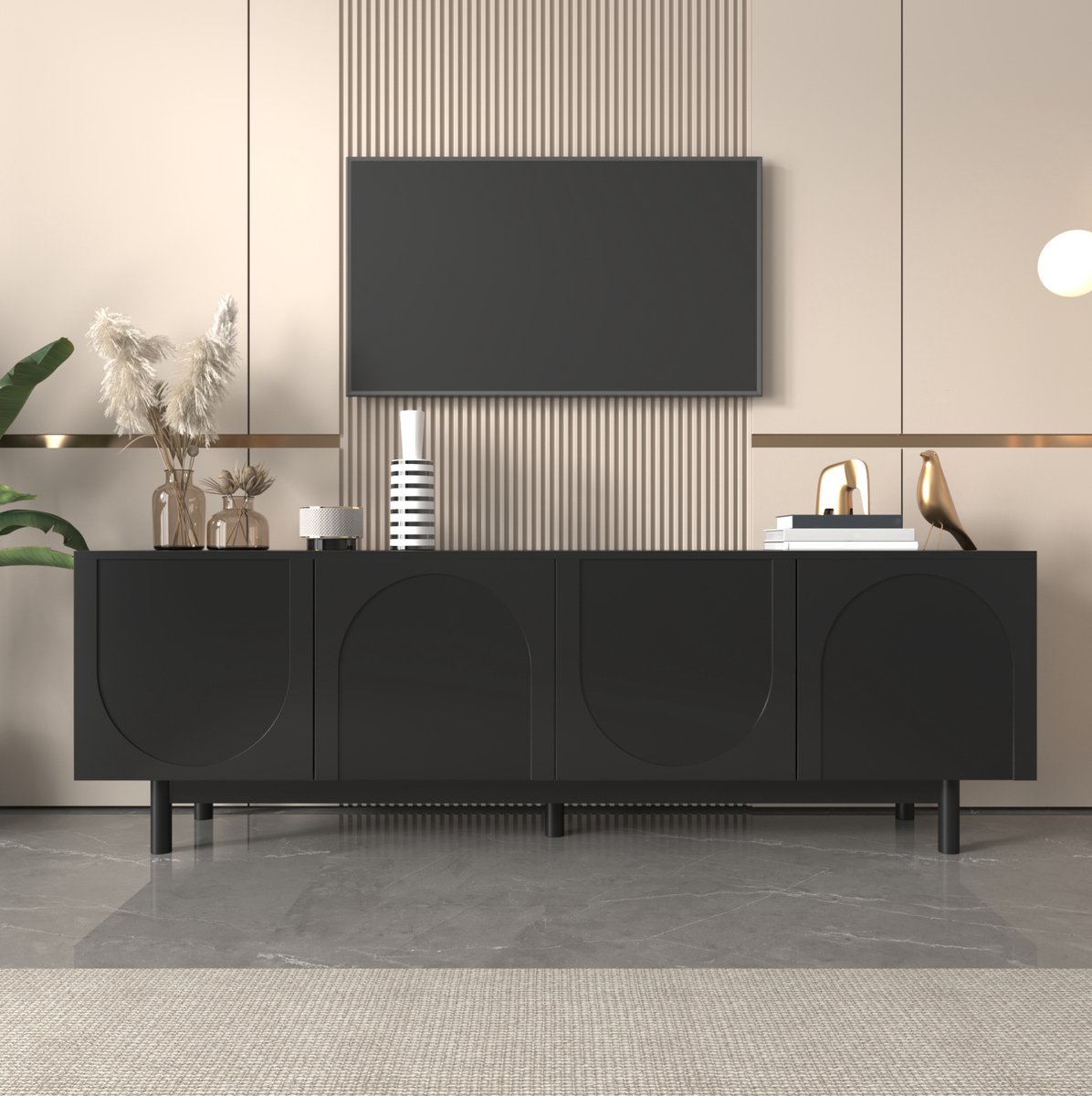MEUNIQ TV-meubel 175 x 38 x 56 cm met 4 push-to-open deuren, verstelbare planken en gesloten opbergruimte voor woonkamer, zwart