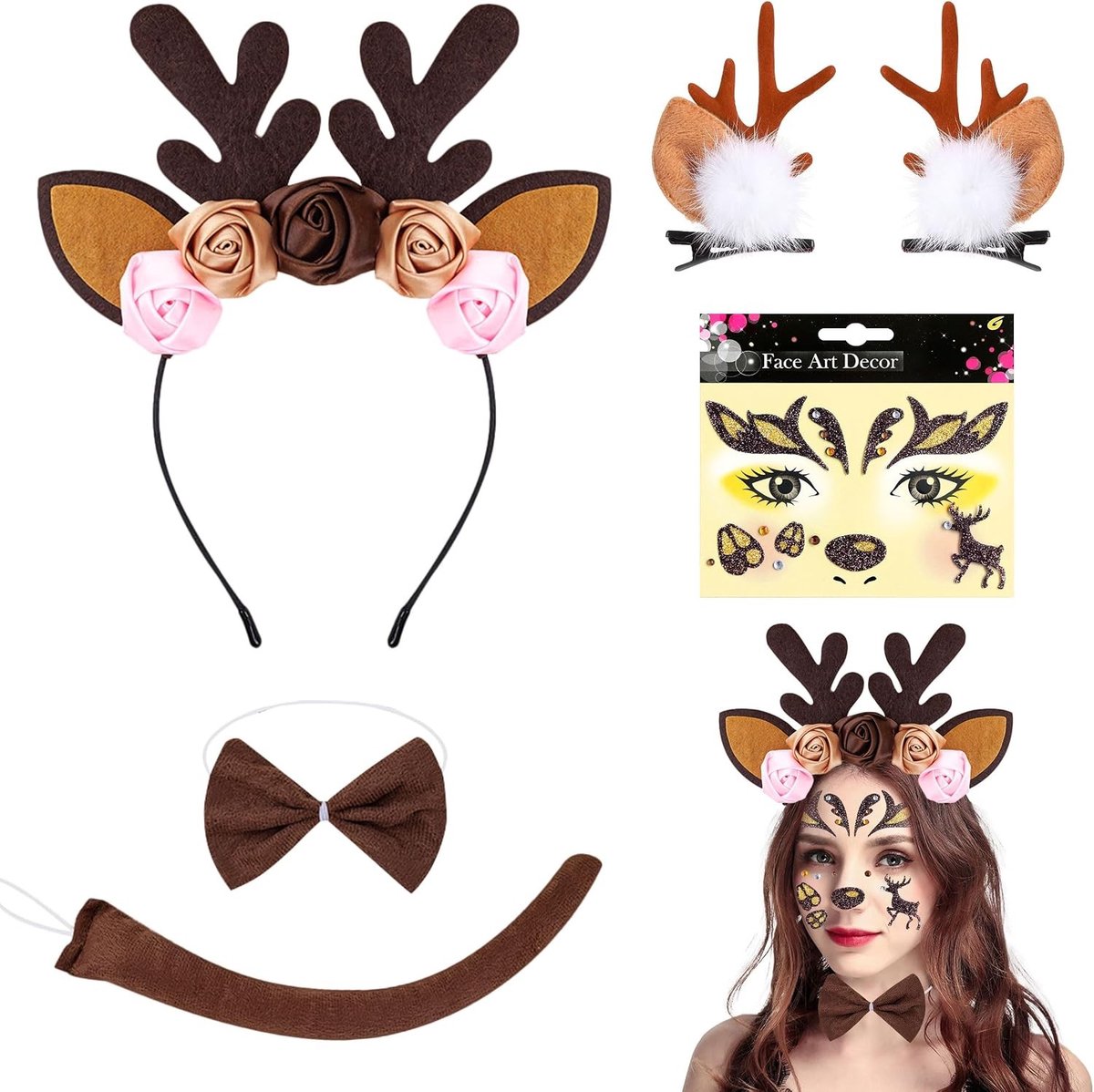 Vrouwelijk Rendier Kostuum met Hoofdband, Haarspelden, Staart, Strik en Gezichtsstickers voor Carnaval en Feestjes