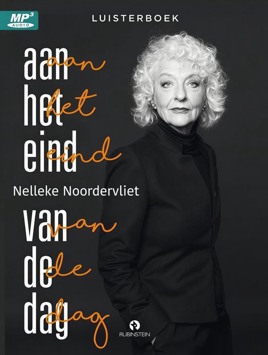 Un livre audio intitulé 'Aan het einde van de dag' par Nelleke Noordervliet, avec un portrait de l'auteur.