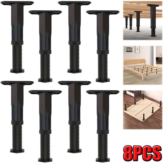 Collage met acht zwarte, verstelbare steunpoten voor meubels, en afbeeldingen die de toepassing ervan op bedframes tonen.