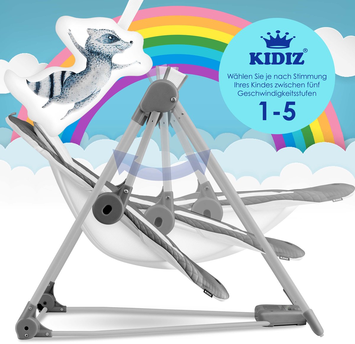 KIDIZ® Wipstoel Baby Elektrisch Babyschommel tot max 9kg - Schommelstoel voor Baby Swing met Speelboog en 5 schommelsnelheden - Antraciet – foto 6
