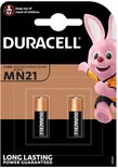 Verpakking met twee Duracell MN21 batterijen, met een roze Duracell konijn.