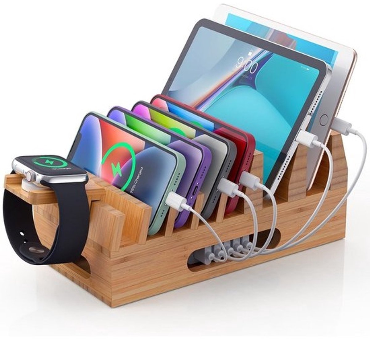 Organiserende Oplaadstation van Bamboe voor Meerdere Telefoons, Tablets en Smartwatches