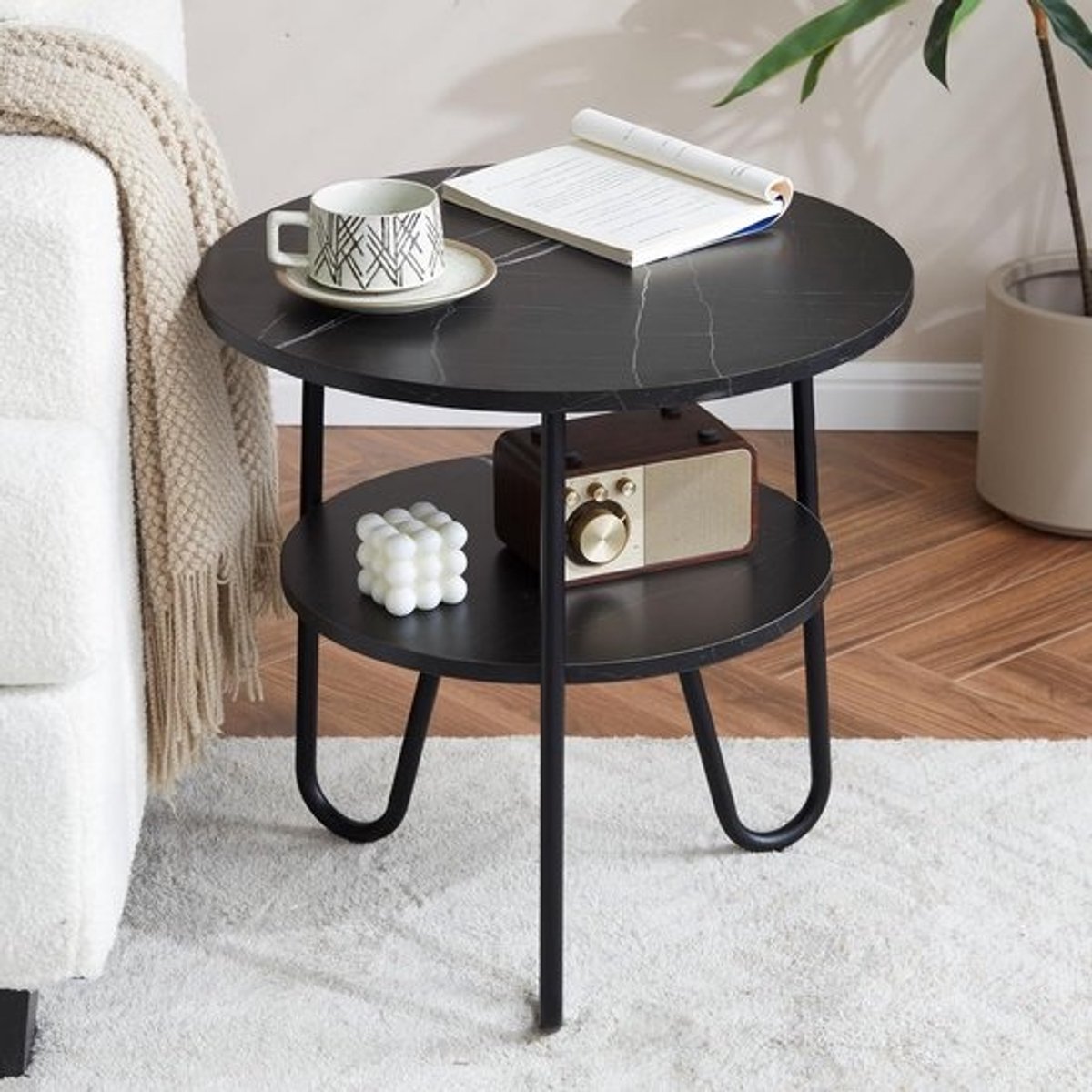 Ronde Salontafel met 2 Planken - Hout en Zwart Metalen Standaard - 50 cm