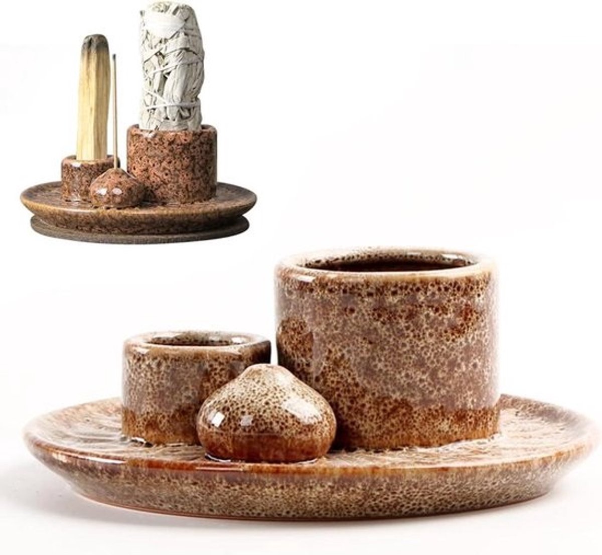 4-in-1 keramieken wierookstokjeshouder - Wierookschaal voor wierookstokjes en kaarsen - Palo Santo houder - Wierookkegelhouder (gestippeld wit)