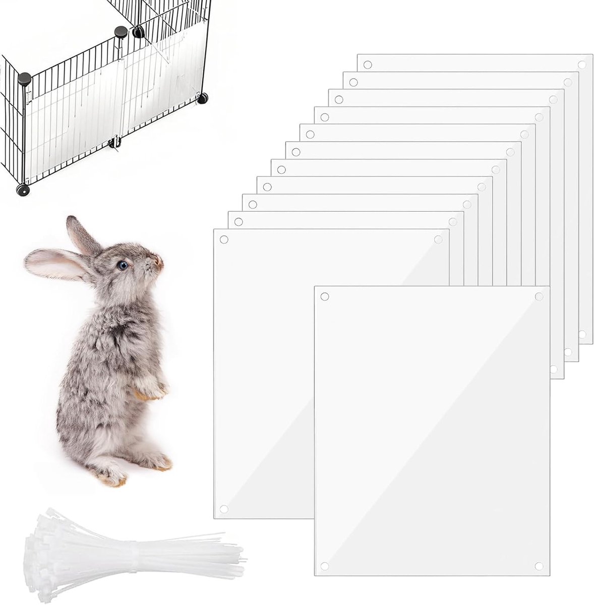 12 stuks huisdierkooi-inzetstukken, transparante kooi, urinebescherming, 26 x 21 cm, pvc, huisdierkooi-inzetstuk, zijvoering met 100 kabelbinders, voor konijnen, cavia's, hamsters