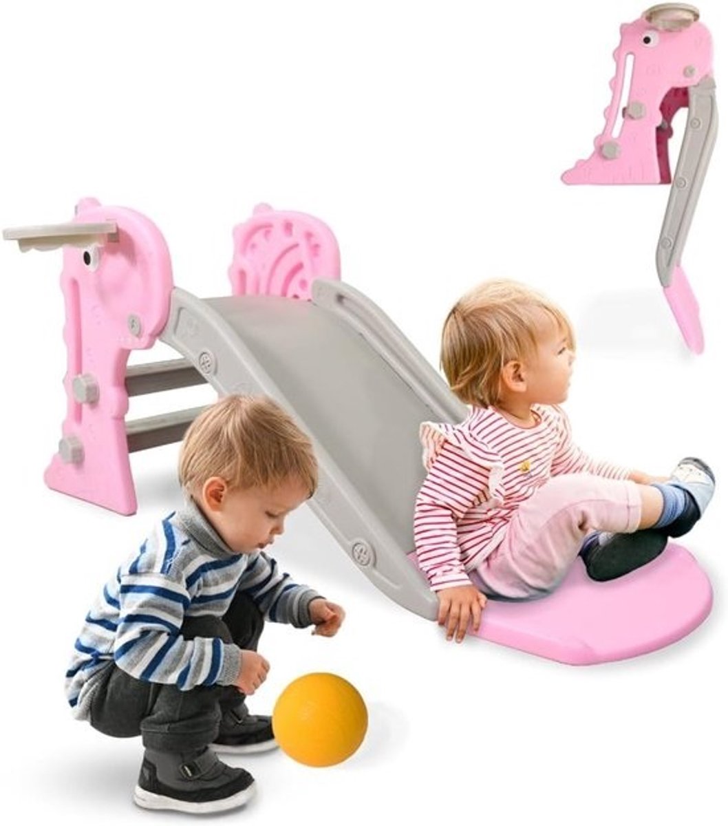 Inklapbare Kinderglijbaan Dino met Basketbaldoel - Veilig en Antislip voor Binnen en Buiten