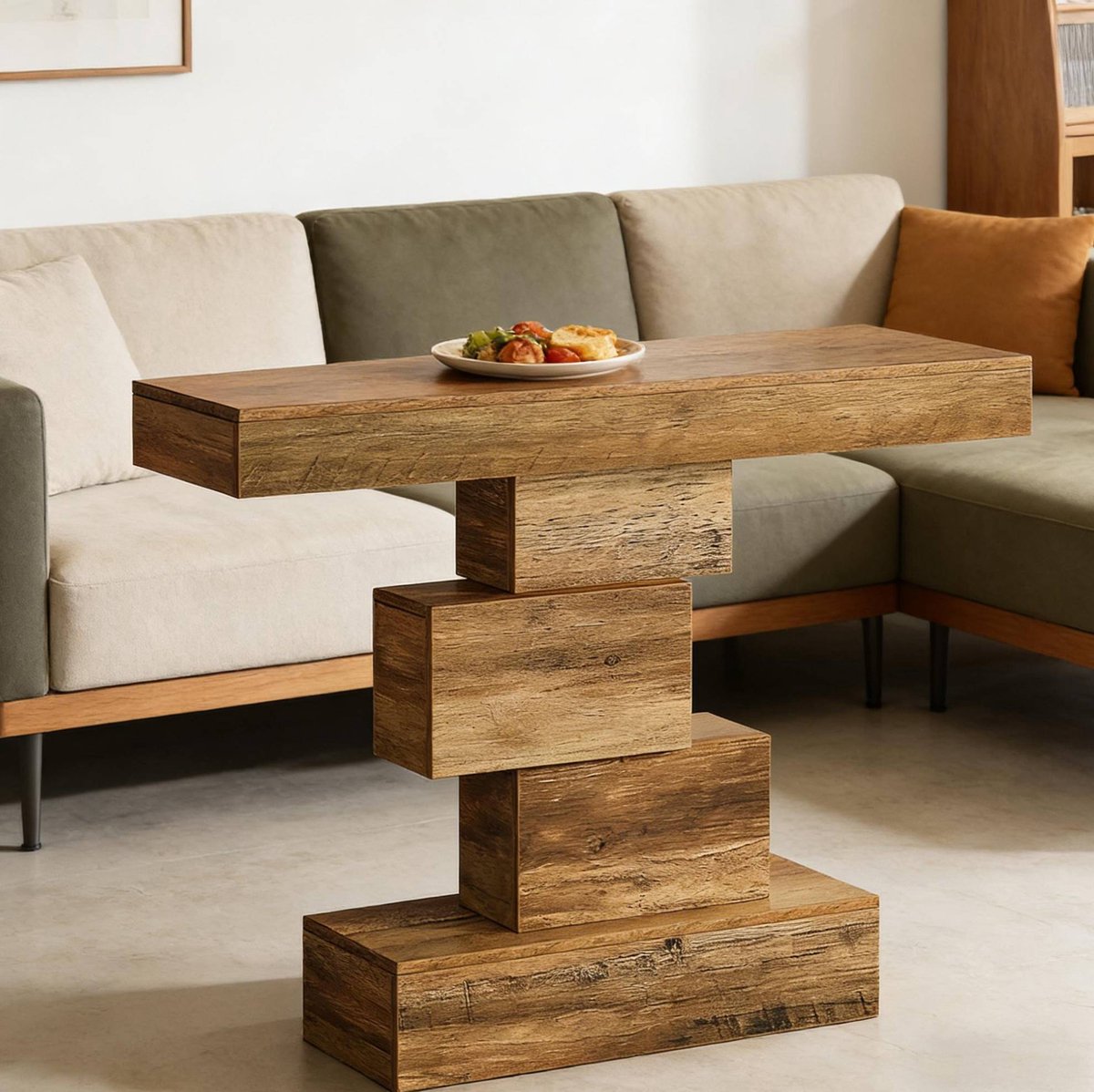 MEUNIQ Sidetable 108 x 30 x 80 cm met geometrische basis, houtlook en draagvermogen tot 45 kg voor hal, woonkamer of slaapkamer, lichtbruin