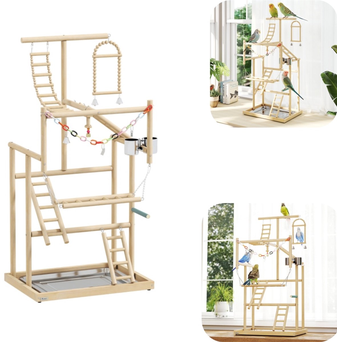 Speelgoed - Vogel speelgoed - Vogel speeltuin - Vogel ladder speelgoed - Vogel ketting speelgoed - Met dienblad - Met beker - Moet worden gemonteerd - Vogelkooi accessoires - Geschikt voor papegaaien, binnen, dierenwinkel (bruin, 48*95cm)