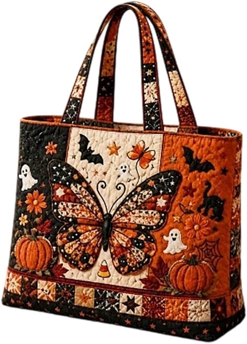 Halloween draagtas 2026 met vlinderpatroon, gewatteerde schouderbanden en originele prints van pompoenen, katten, heksen, enz. Herbruikbare verticale draagtas, maat S: 38 x 42 cm.