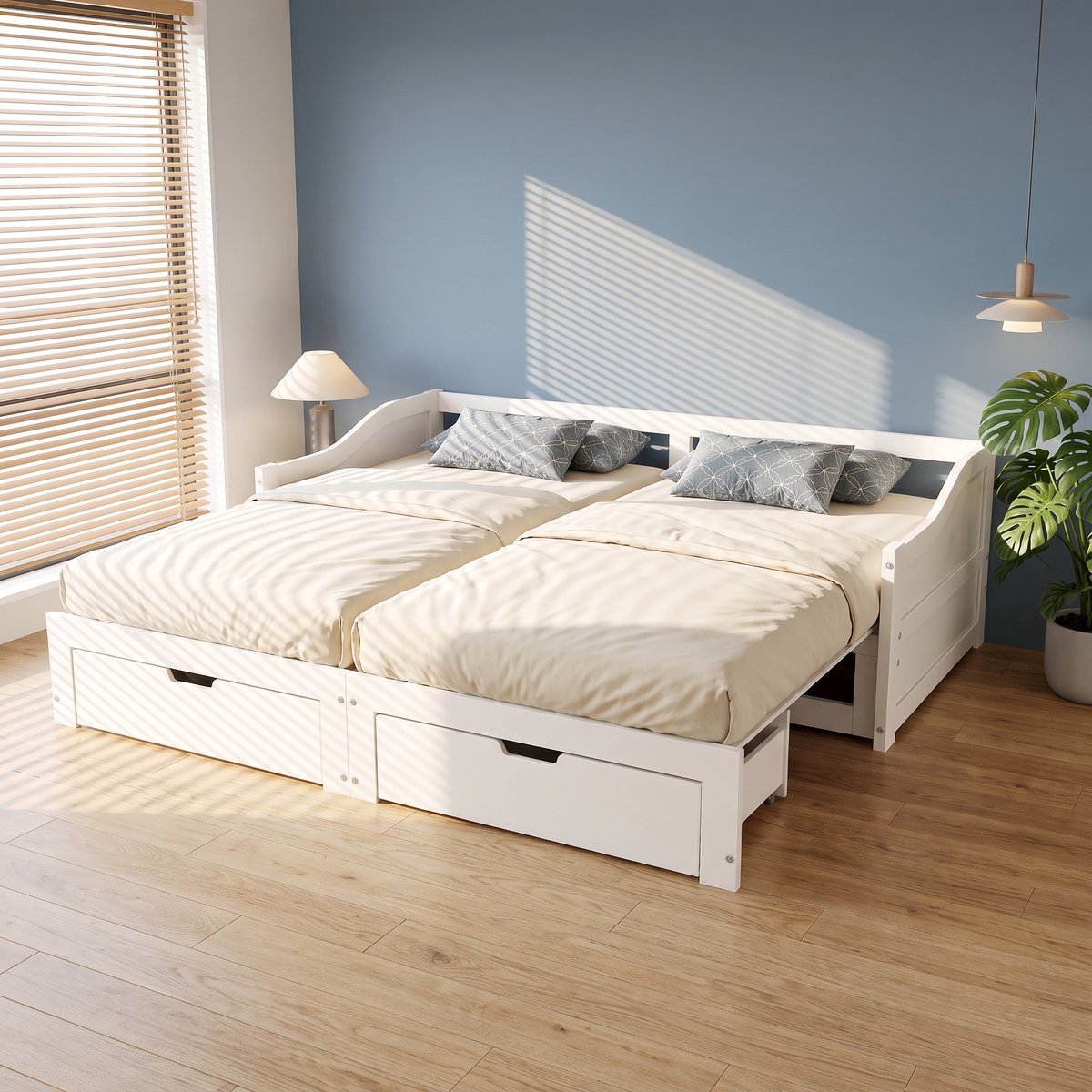 MEXUS Gestoffeerd Tweepersoonsbed (160x200 cm) LED/USB-Oplaadmogelijkheid, Diverse Opbergvakken Twee Lades, Voorzien Houten Lattenbodem Bekleding (Matras Niet Inbegrepen 160x200 cm) Wit