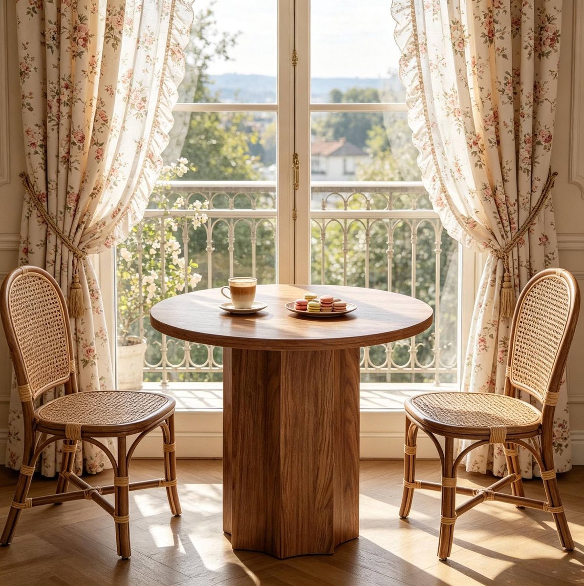 MEUNIQ Ronde eettafel 80 x 80 x 75 cm voor 2-4 personen, MDF tafelblad van 3 cm, centrale voet, bruin, voor keuken en eetkamer