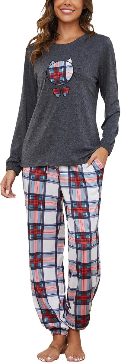 Pyjama Dames Lange Pyjama Katoenen Winter Pyjama Set Ronde Hals Top en Pyjamabroek Lange Mouwen Loungewear Nachtkleding Huispak Gezellig Vrijetijdspak