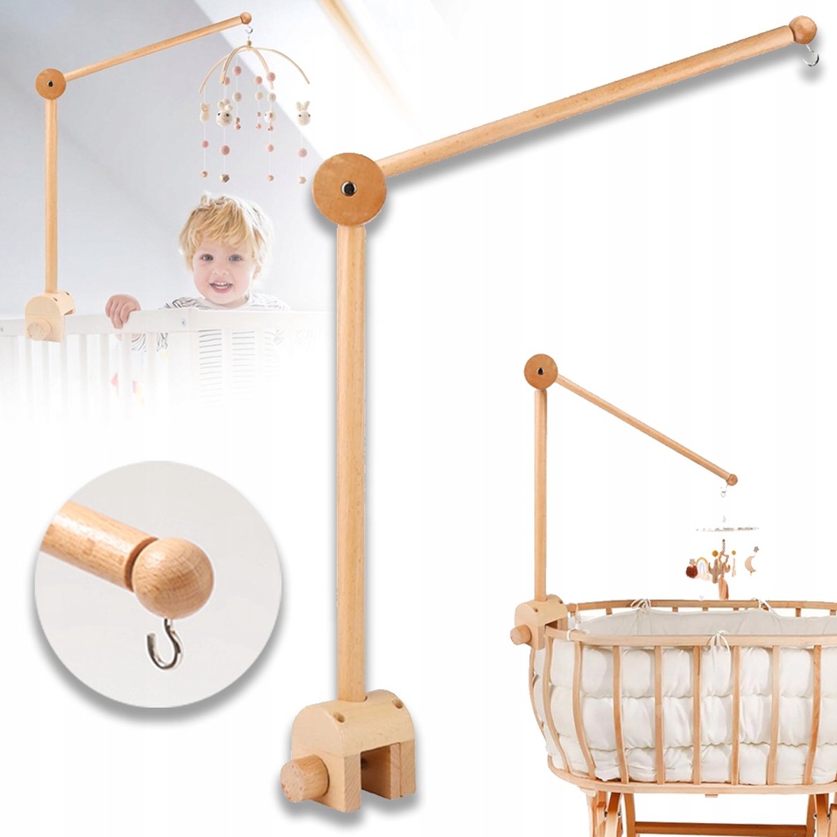 360° Draaibare Wieg Mobiel Houder – In Hoogte Verstelbaar Naturel Beukenhout – Clipbevestiging En Gladde Afwerking – Voor Babyspeelgoed En Babykamerdecoratie – Houtkleur