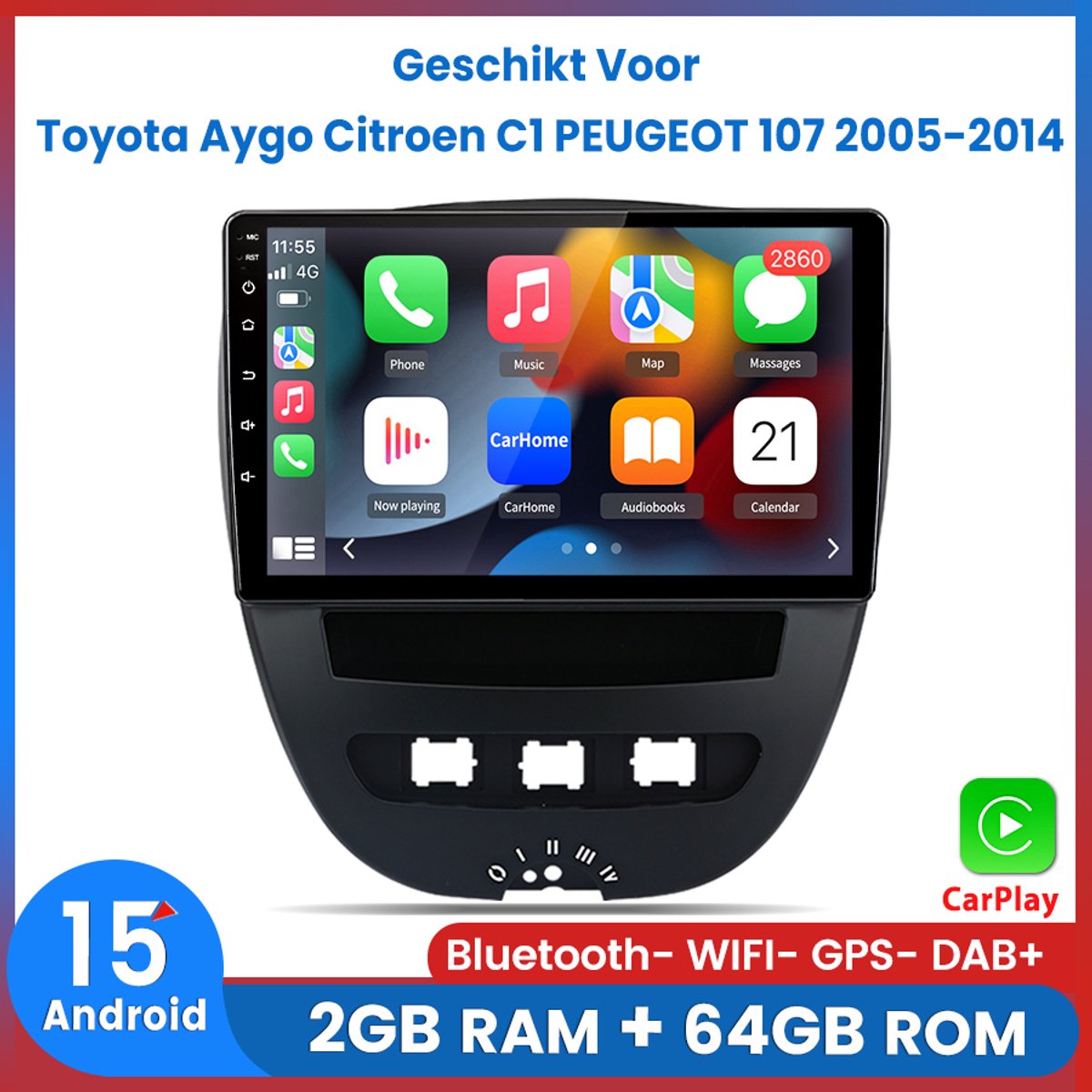 Awesafe Autoradio - Geschikt Voor Toyota Aygo Citroen C1 PEUGEOT 107 2005-2014 - Android 15.0 Systeem - 2GB RAM + 64GB ROM - Draadloos CarPlay & Android Auto - Bluetooth & WiFi - GPS Navigatie - 2006 2007 2008 2009 2010 2011 2012 2013