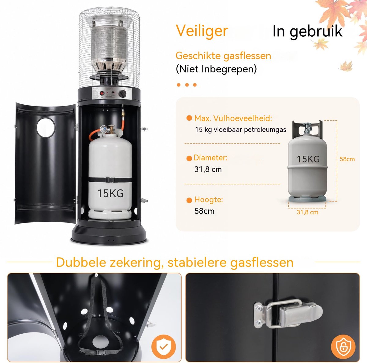 Glitzerlife Heater - omvalbeveiliging - verrijdbaar - terrasverwarmer voor tuin balkon en terras - Ø46 x 136 cm - Zwart – foto 8