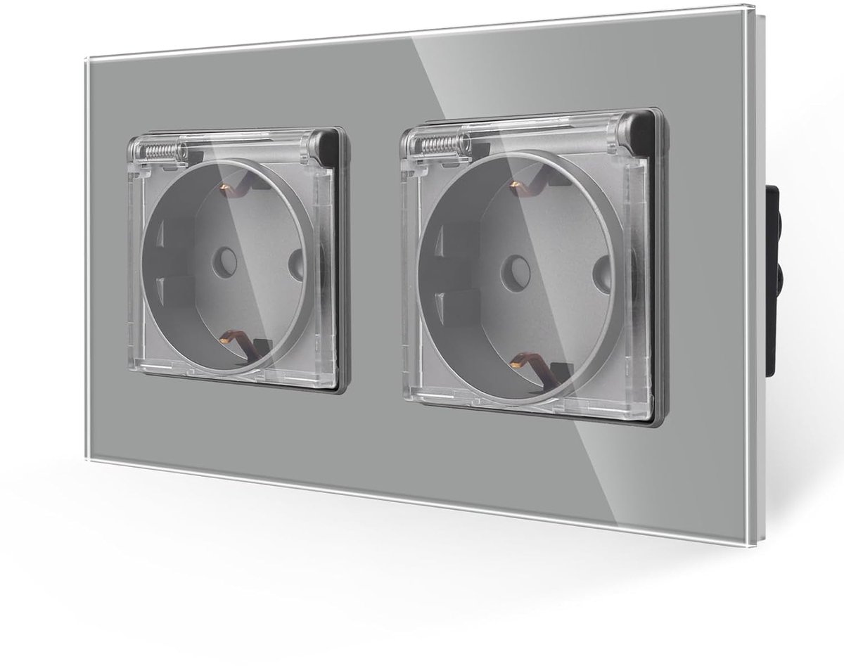 Stopcontact, dubbel, grijs, 16 ampère, glazen stopcontact, met waterdichte afdekking, 157 x 86 mm, 250 V, 2-voudig