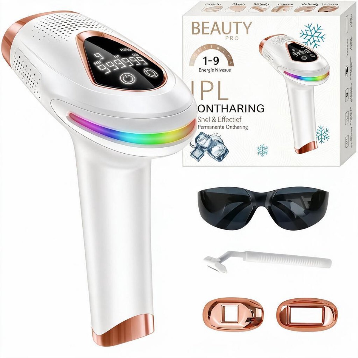 IPL Laser Ontharingsapparaat - Laser Ontharing - Pijnloos Ontharen met Ice Cooling - Permanente Ontharing voor alle Lichaamsdelen - voor Mannen en Vrouwen - 9 Verschillende Standen - Inclusief Beschermbril en Scheermes - Epileerapparaat Dames