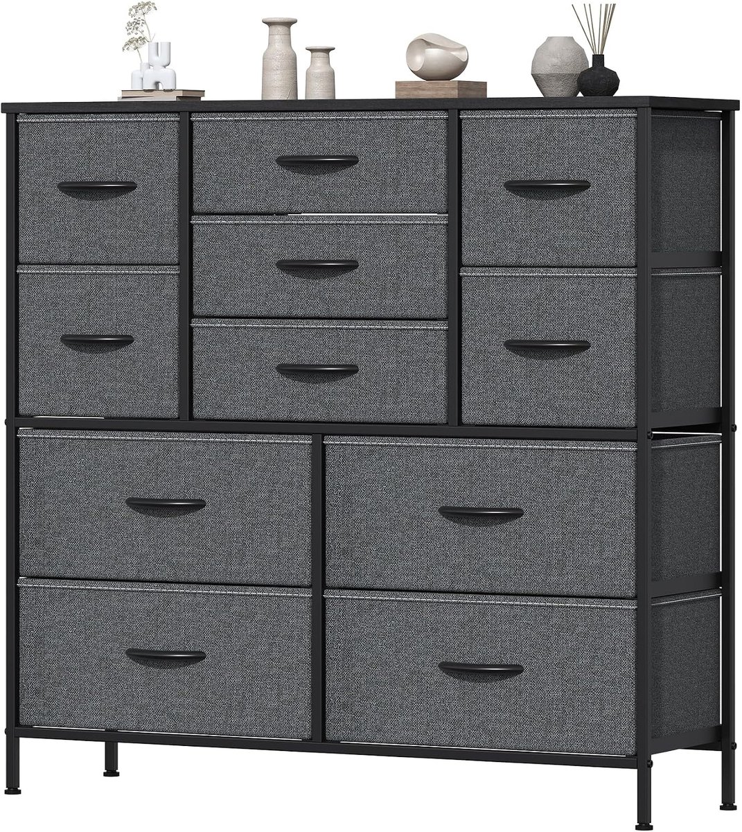 Ladekast met 11 stoffen lades in 3 formaten - Donkergrijs en zwart - MDF-blad - Verstelbare voeten - Voor kleding en textiel - 100 x 30 x 97 cm