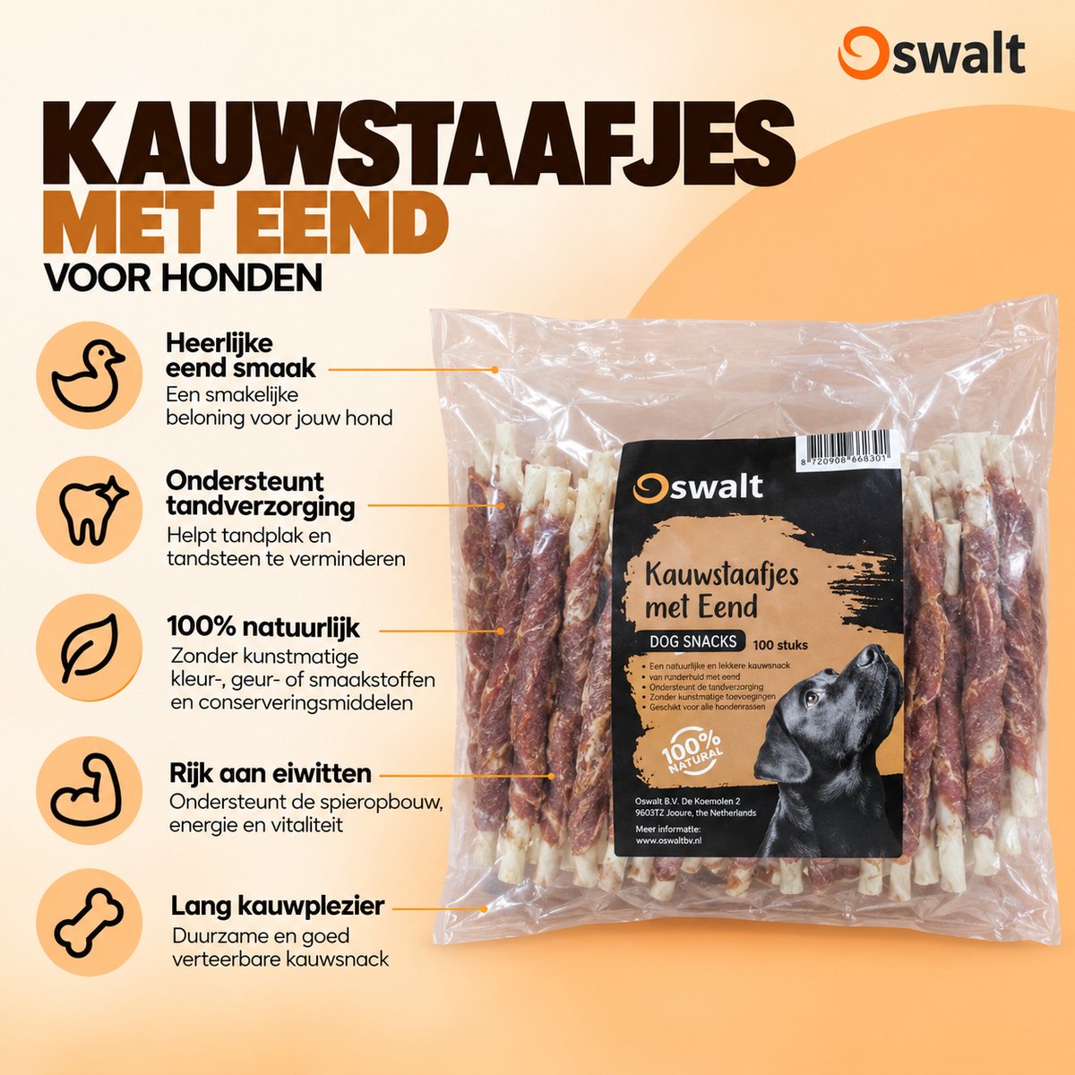 Oswalt Kauwstaafjes Met Eend - Gedraaide sticks met Eend - 100 Stuks - 12,5cm - Hondensnack