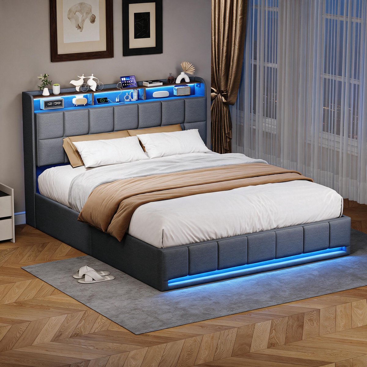 Opbergbed Gestoffeerd Bed 160x200 cm met LED en USB, Tweepersoonsbed met Opbergruimte, Hydraulisch Bed met Lattenbodem, Grijs Linnen, Zonder Matras