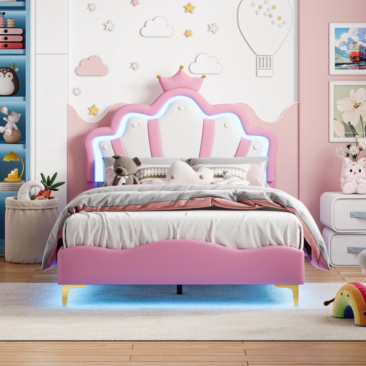 Yelenaro Kinderbed 140x190 cm, Gestoffeerd bed met LED, Meisjesbed met verstelbaar hoofdeinde, prinsessenbed met lattenbodem, kroonbed, eenpersoonsbed, roze, PU, zonder matras