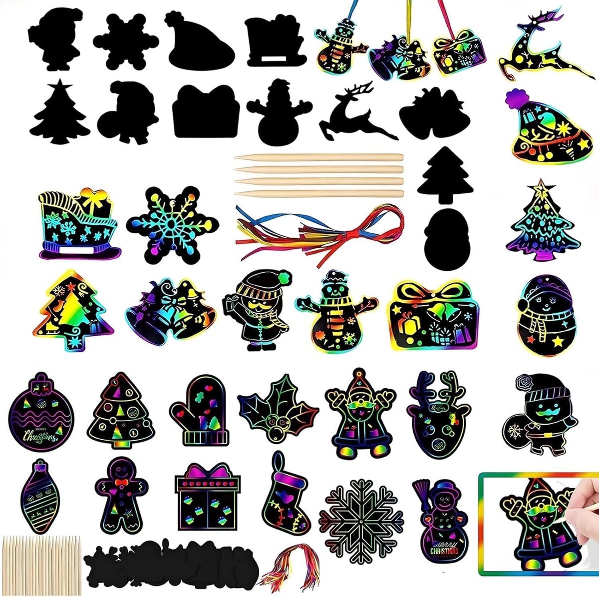 Kerstdecoratie Set met 24 Stukken voor Kinderen - Creatieve Scratch Art Sneeuwvlokken, Tekenpapier en Houten Pennen voor Feestelijke Knutselprojecten