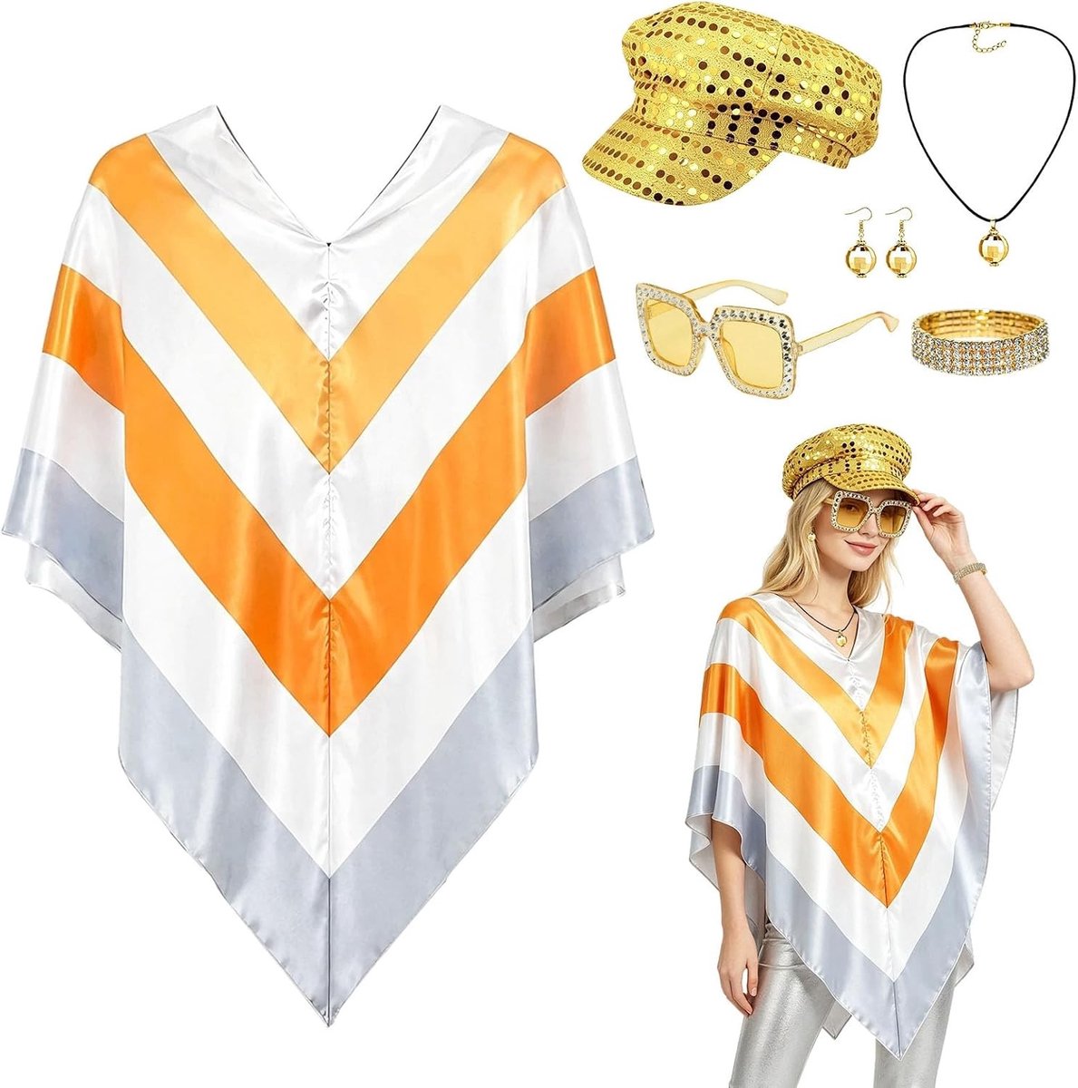 7 stuks 70s gouden disco dames sjaal outfit voor feesten, retro stijl en kostuumaccessoires