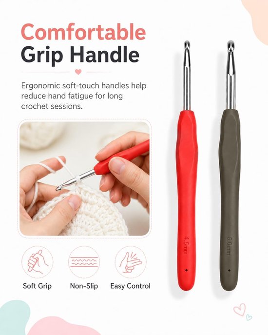 Ergonomische Haaknaalden met Zachte Handvatten, Maten 0.5 cm en 0.6 cm, Ideaal voor Beginners en Experts, Perfect voor DIY Creaties en Handwerken — afbeelding 5