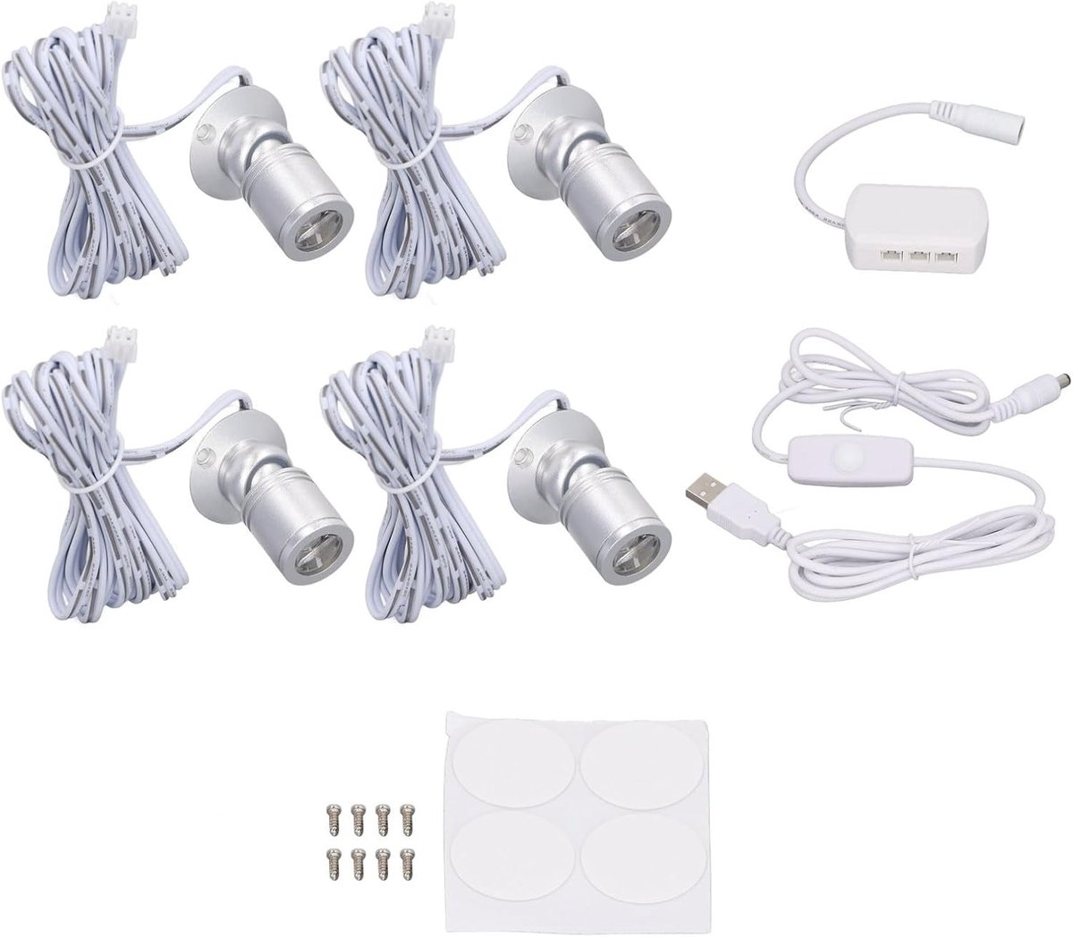 Set van 4 Dimbare Mini LED Spotlights met 360° Rotatie en USB Aansluiting voor Accentverlichting, Planten en Etalages