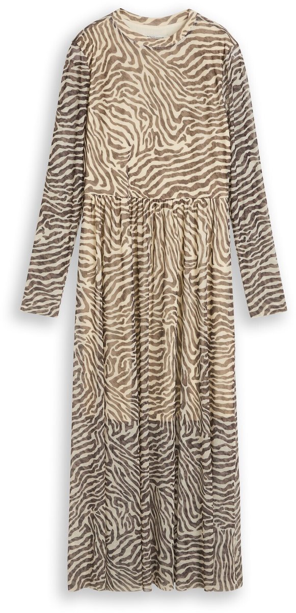 Tom Tailor Denim - Getailleerde midi-jurk van mesh met dierenprint - Maat M - brown beige zebra print