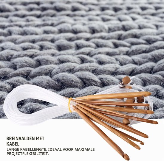 Complete Set van 12 Gecharcoalde Bamboe Haaknaalden voor Tunesisch Haken met Plastic Kabel en Diverse Maten voor Optimale Projectflexibiliteit — afbeelding 5