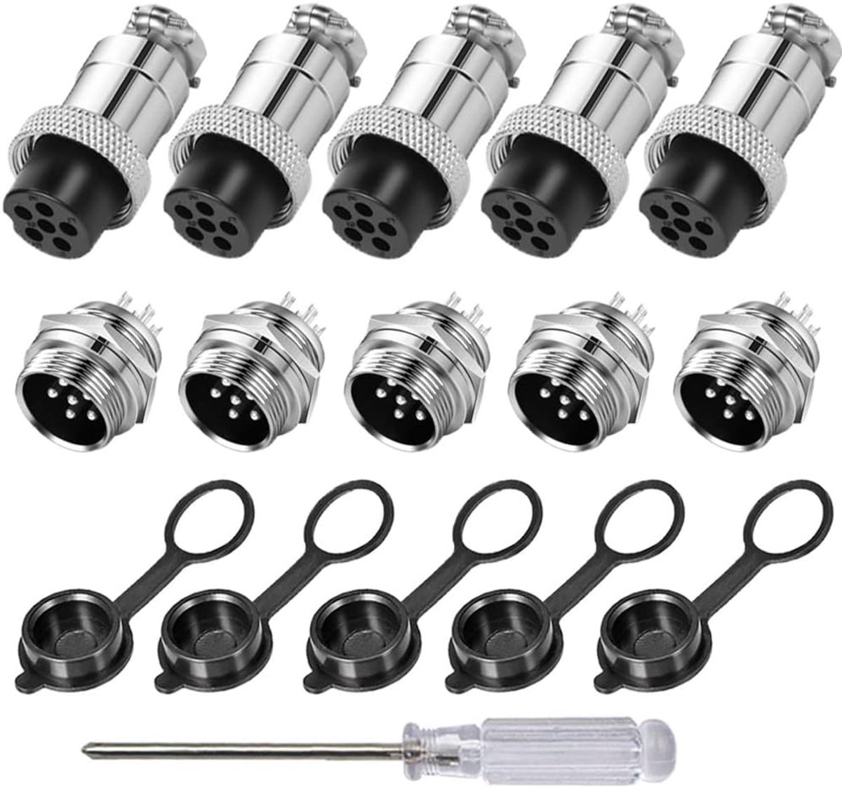 Set van 5 6-Pins GX16 Luchtvaartstekkers, 16 mm Draad Metaal Connectoren voor Kabel, 5A Mannelijke en Vrouwelijke Stekker Kit met Rubber Kap voor Elektronische Toepassingen