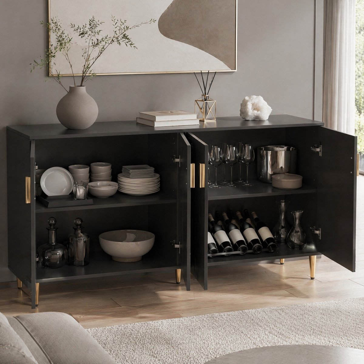 MEUNIQ Dressoir 152 x 40 x 75 cm, zwart, 4 opbergvakken, verstelbare legplanken, golfpatroon, gouden handgrepen en poten voor eetkamer en woonkamer